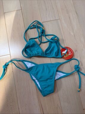 Teal Triangle String Bikini Top and Tie-Side Bottoms - Women Swim